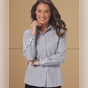Foxcroft Blue and White Striped Button Down Long Sleeve Womens Shirt  Size 6